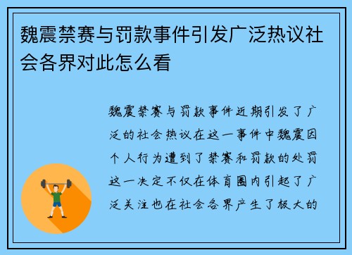 魏震禁赛与罚款事件引发广泛热议社会各界对此怎么看