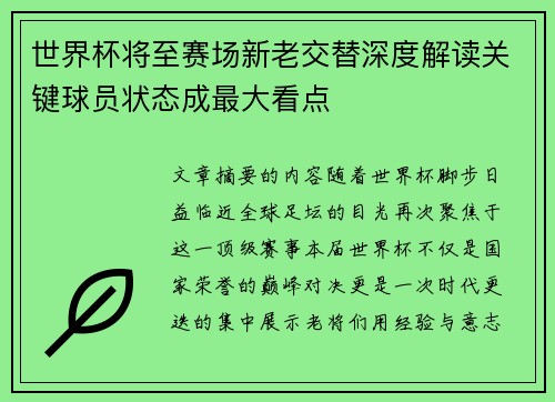 世界杯将至赛场新老交替深度解读关键球员状态成最大看点